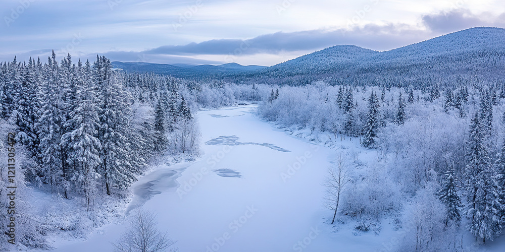 Aerial drone photograph frozen Winter landscape, frost ice snow scene, freezing temperature top down view Aerial drone photograph frozen Winter landscape, frost ice snow scene, freezing temperature top down view