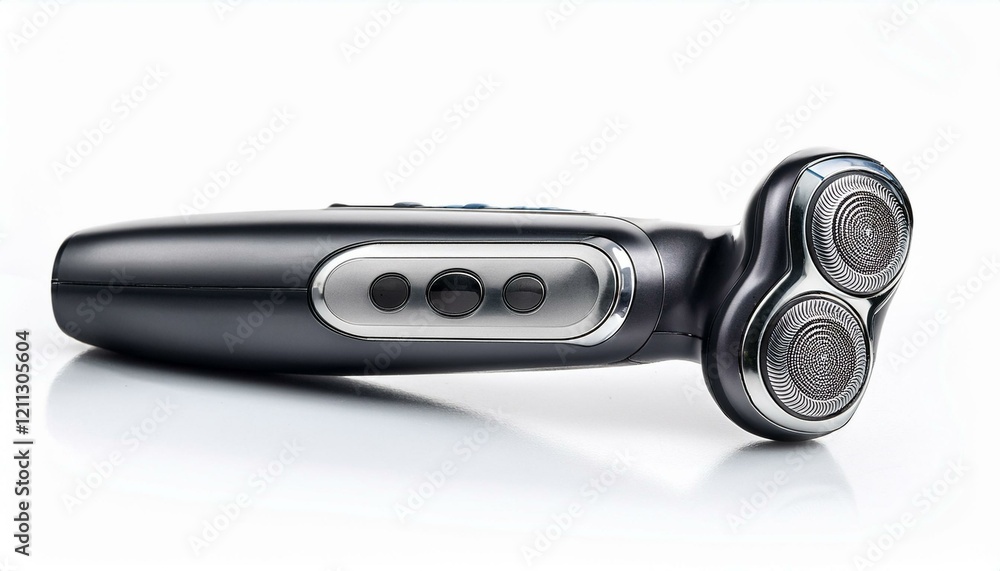 Sleek electric razor with three rotary blades. Sleek electric razor with three rotary blades.