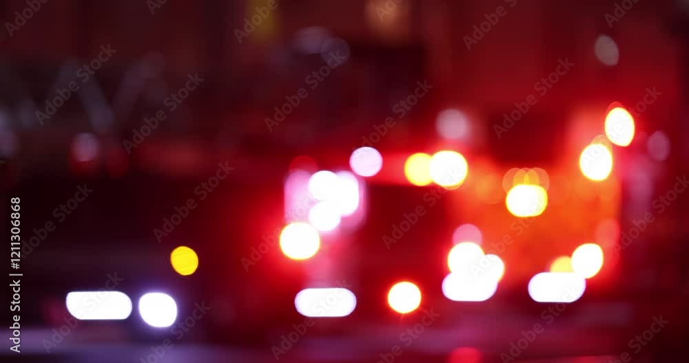 Abstracted blurred bokeh view of a fire engine responding to the scene of an emergency at night.