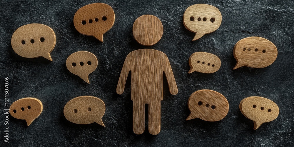 Wooden Figure Surrounded by Speech Bubbles, Communication and Dialogue Concept Wooden Figure Surrounded by Speech Bubbles, Communication and Dialogue Concept