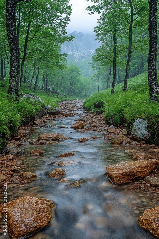 Serene stream flows through lush green forest. Serene stream flows through lush green forest.
