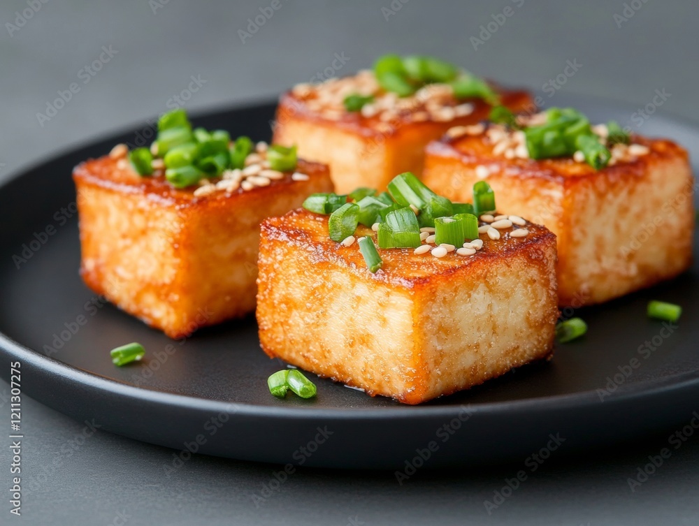 Minimalist Vegan Cuisine Crispy Tofu Garnished with Green Onions and Sesame on Black Plate - Sustainable Restaurant and Healthy Eating Campaigns Minimalist Vegan Cuisine Crispy Tofu Garnished with Green Onions and Sesame on Black Plate - Sustainable Restaurant and Healthy Eating Campaigns