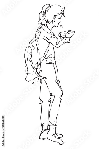 Woman Eating Something from Styrofoam or Container, Simple Sketch Vector