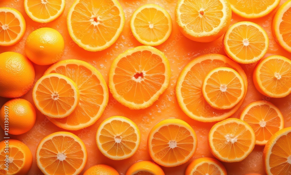 Fresh oranges and sliced oranges spread out Fresh oranges and sliced oranges spread out