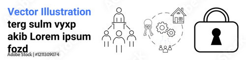 Business network elements include a team hierarchy, key with settings symbols, lock icon, and users. Ideal for business strategy, teamwork, security, organizational development, workflow settings