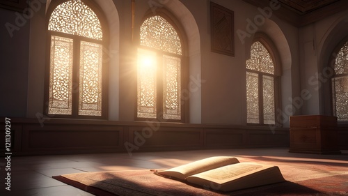 Quran in the mosque and sunlight falling from the window,Generative Ai
