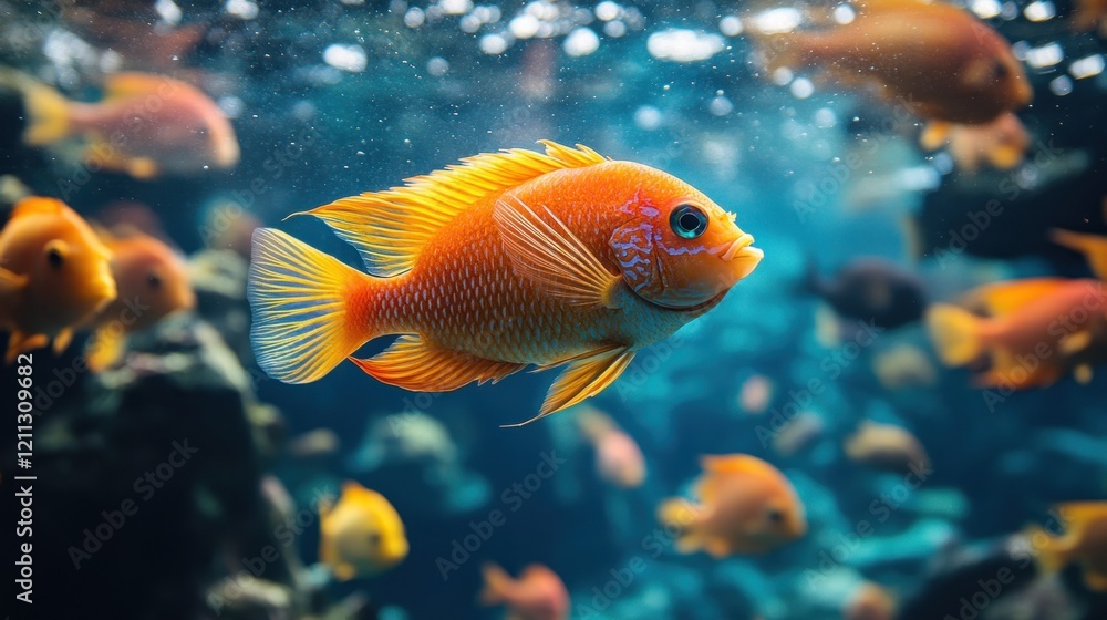 Fototapeta premium Vibrant orange fish swimming gracefully among colorful aquatic life in a serene underwater scene