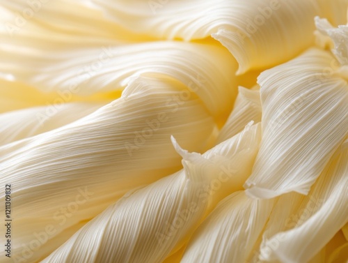 Close-up image of delicate, light yellow corn husks with a soft, textured appearance photo