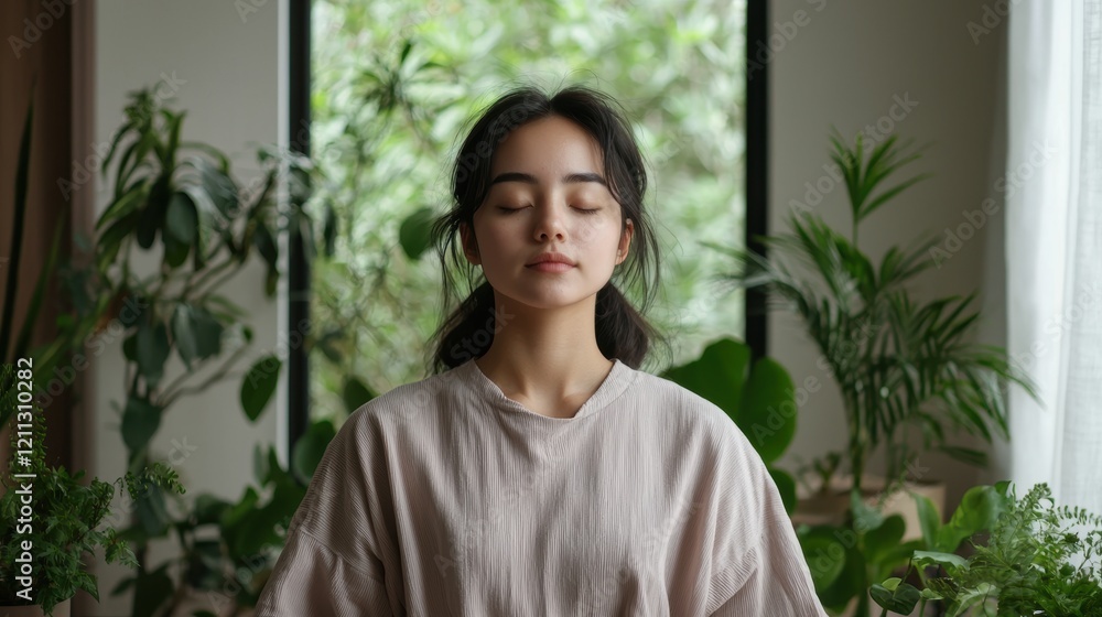Peaceful Woman Meditating Among Houseplants Near Window Peaceful Woman Meditating Among Houseplants Near Window