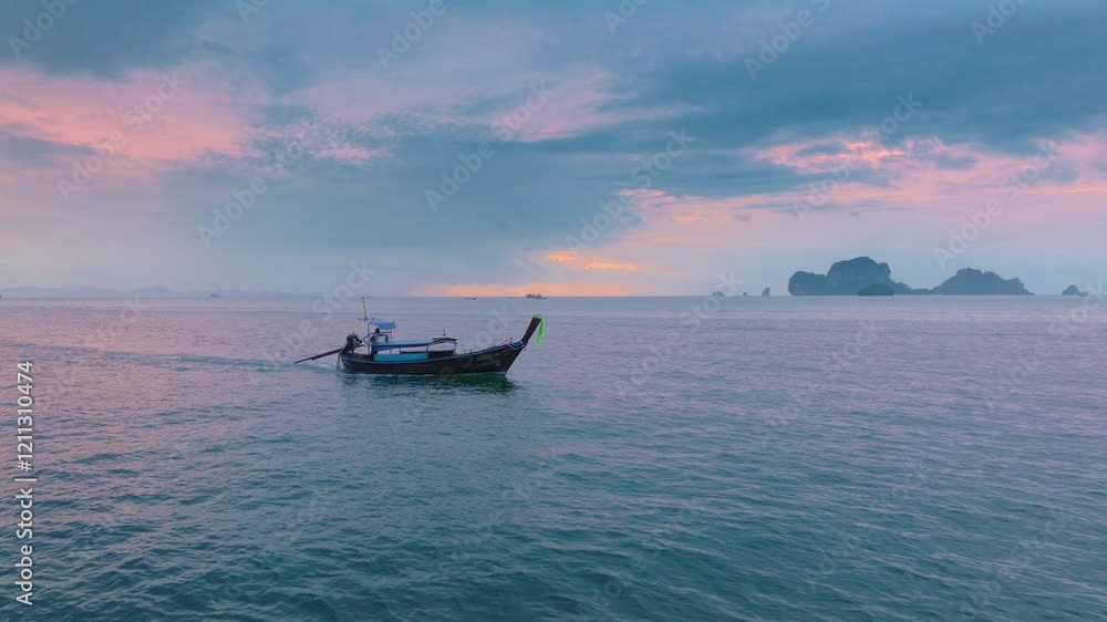 Experience a breathtaking view as a longtail boat elegantly cruises through the serene, crystalclear waters of Krabi, Thailand, beneath a remarkably picturesque sky painted by the sunset Experience a breathtaking view as a longtail boat elegantly cruises through the serene, crystalclear waters of Krabi, Thailand, beneath a remarkably picturesque sky painted by the sunset