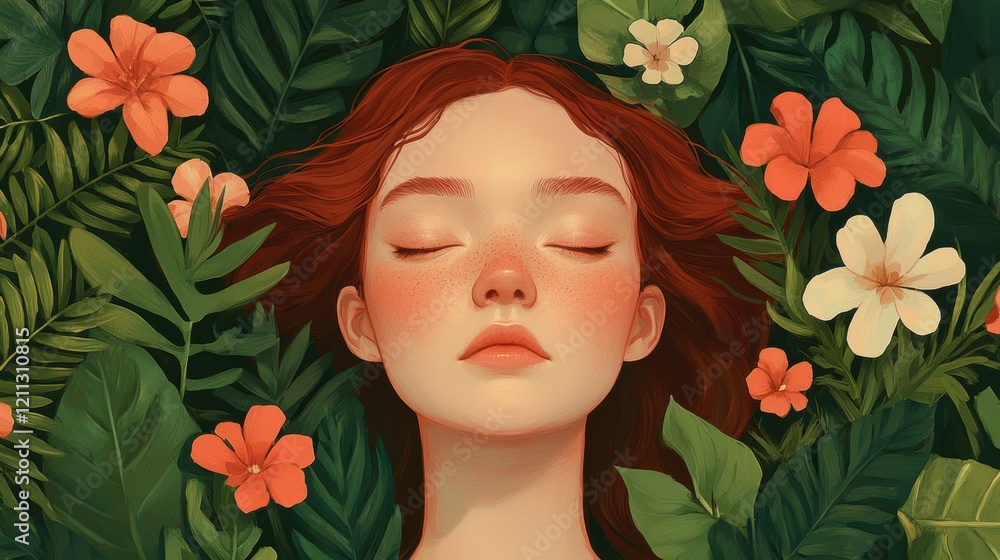 Serene Woman Surrounded by Lush Tropical Flowers and Foliage Serene Woman Surrounded by Lush Tropical Flowers and Foliage