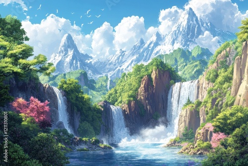 Serene Mountain Waterfall Landscape With Lush Greenery