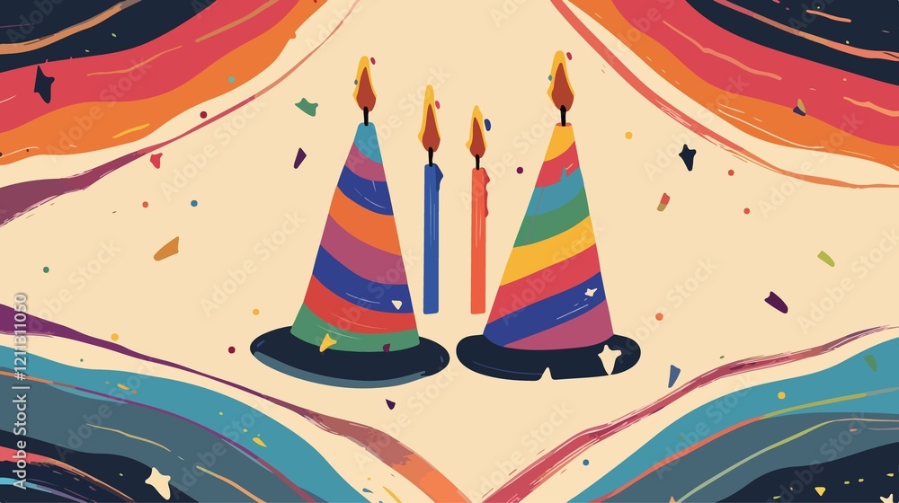 Fototapeta premium Colorful Happy Birthday Hats, Candles & Rainbow Decoration for Celebration