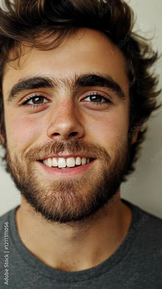 Young man with a friendly smile and tousled hair posing for the camera in a well-lit indoor setting Young man with a friendly smile and tousled hair posing for the camera in a well-lit indoor setting