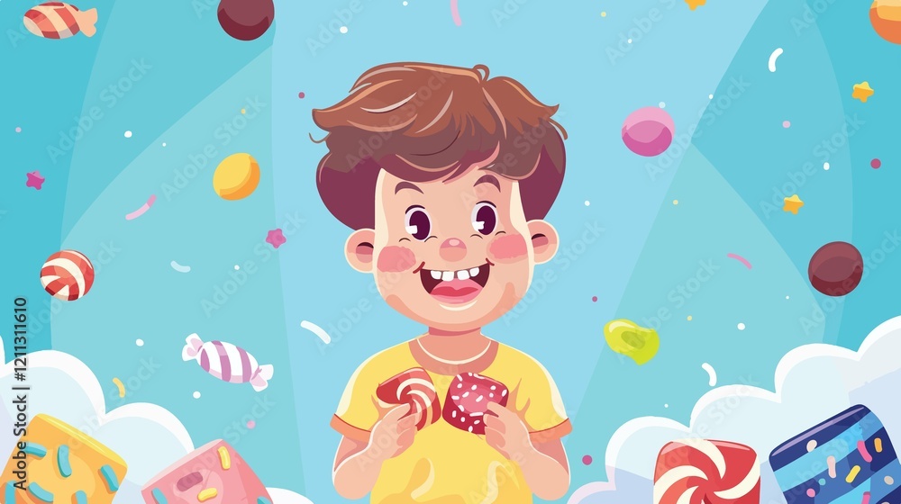 Happy Boy Eating Candy Flat Vector Illustration Happy Boy Eating Candy Flat Vector Illustration