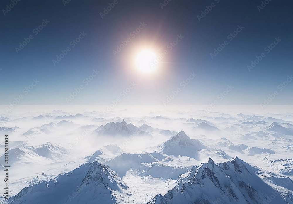 a wide angle photo of the sun over snowy mountains, clear sky, shot from above in alps with a lot of snow and peaks a wide angle photo of the sun over snowy mountains, clear sky, shot from above in alps with a lot of snow and peaks