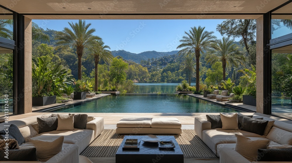 Fototapeta premium Luxury Lakefront Villa with Infinity Pool and Mountain Views