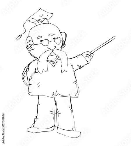 Wise Elder Teacher with Graduation Cap, Simple Vector Hand-drawn Sketch Illustration