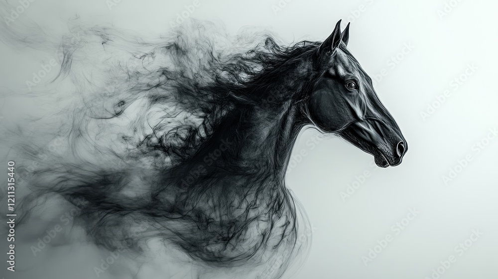 A stylized black horse's head emerging from swirling smoke. A stylized black horse's head emerging from swirling smoke.