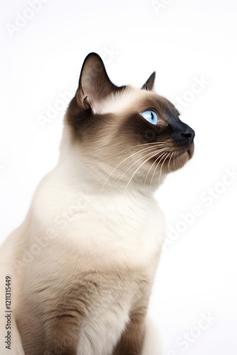 Beautiful Siamese cat with bright blue eyes on a white background.