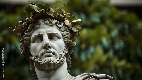 Detailed close up view of a laurel wreath crown adorning the head of a majestic Roman emperor statue representing the ancient civilization s legacy of power victory and cultural heritage photo