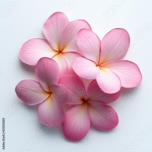 Pink Plumeria blossoms, studio shot, white background, spa design