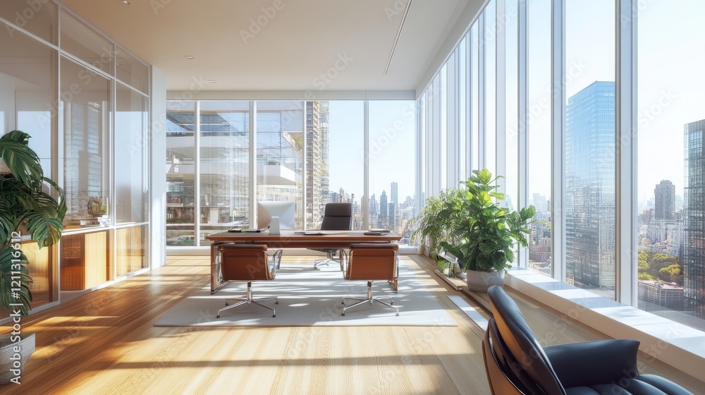 A bright office space with floor-to-ceiling windows and a potted plant near a desk, creating a calm and natural work environment. A bright office space with floor-to-ceiling windows and a potted plant near a desk, creating a calm and natural work environment.