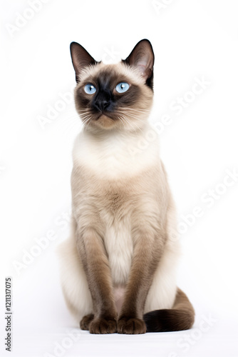 Beautiful Siamese cat with bright blue eyes on a white background.