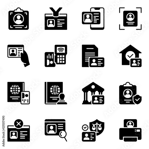 Set Of 16 ID card icons. profile, secure, user, agent, citizen, personal, identity, pass, check, driving, employee, application, document, security, immigration