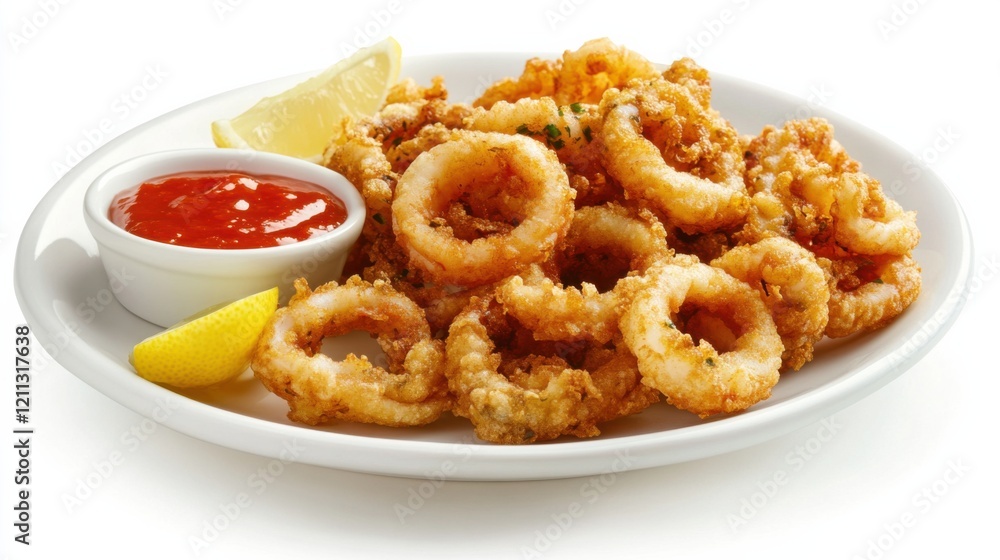 A plate of crispy calamari served with marinara sauce and lemon wedges, Each golden-brown ring tender and flavorful A plate of crispy calamari served with marinara sauce and lemon wedges, Each golden-brown ring tender and flavorful