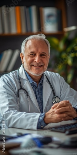 Cinematic Healthcare Hero Warm Elderly Doctor in White Coat with Trusting Smile - Leadership Imagery and Patient Connection for Medical Marketing Campaigns photo