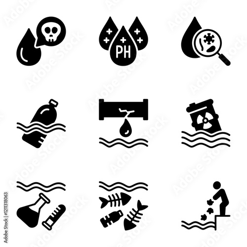 water pollution icons set. ripple, fluid, research, wet, eco, wave, weather, drop, liquid, graphic, rain, pictogram, analyse, waterdrop