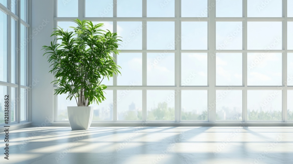 A spacious office interior with large windows letting in plenty of light, featuring a potted plant that adds a splash of green to the bright setting. A spacious office interior with large windows letting in plenty of light, featuring a potted plant that adds a splash of green to the bright setting.