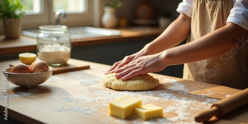 Cozy Kitchen with Person Kneading Dough and Fresh Baking Ingredients in Soft Sunlight photo