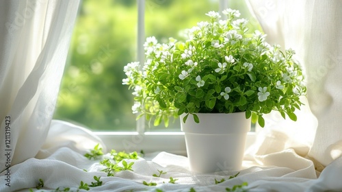 Serene Springtime Windowsill: Blooming Potted Plant Basking in Sunlight