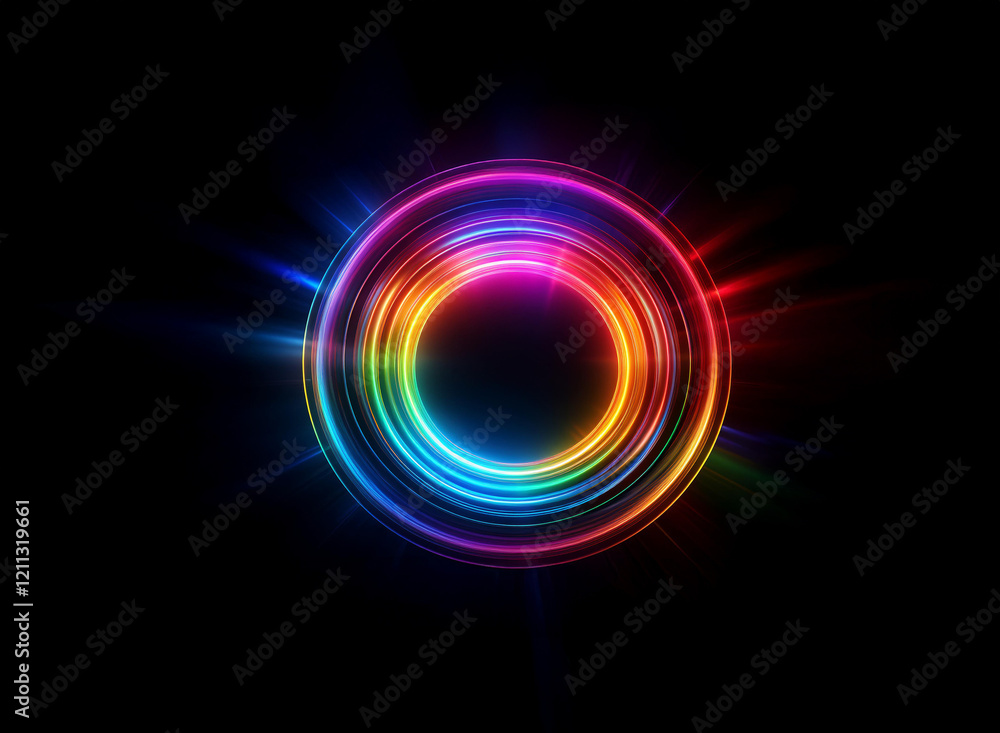 Vibrant rainbow rings of light glow intensely against a dark background, creating a mesmerizing, concentric circular pattern with bright starburst flares. Vibrant rainbow rings of light glow intensely against a dark background, creating a mesmerizing, concentric circular pattern with bright starburst flares.