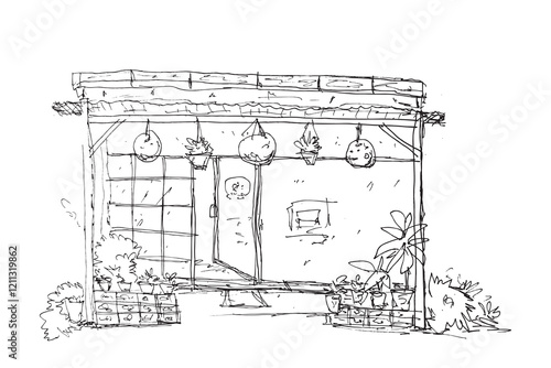 Cozy Houseyard with Hanging Plants and Decorative Pots, Hand Draw Sketch Vector Illustration