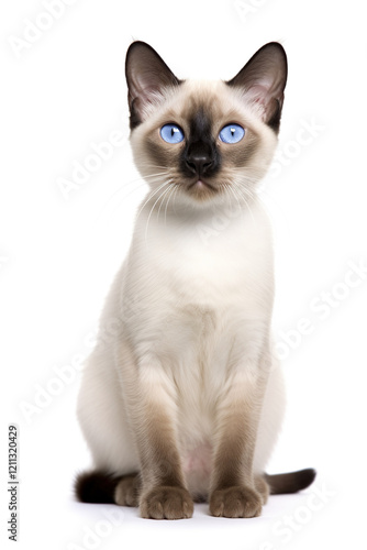 Beautiful Siamese cat with bright blue eyes on a white background.