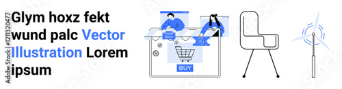 Team collaborating on an online shopping platform with eco-friendly innovations, including a wind turbine and minimalistic furniture. Ideal for e-commerce, teamwork, sustainability, clean energy
