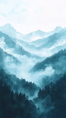 Tableau sur plexiglas  Misty Mountains Enveloped In Blue Hues Of Watercolor  © NpicArt