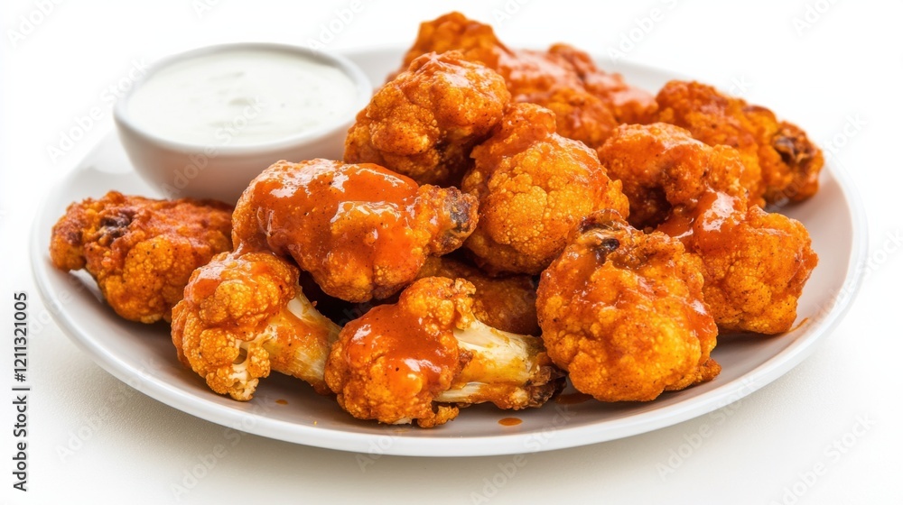 A plate of crispy cauliflower wings tossed in buffalo sauce and served with a side of ranch dressing, Each wing golden and bursting with spicy flavor A plate of crispy cauliflower wings tossed in buffalo sauce and served with a side of ranch dressing, Each wing golden and bursting with spicy flavor