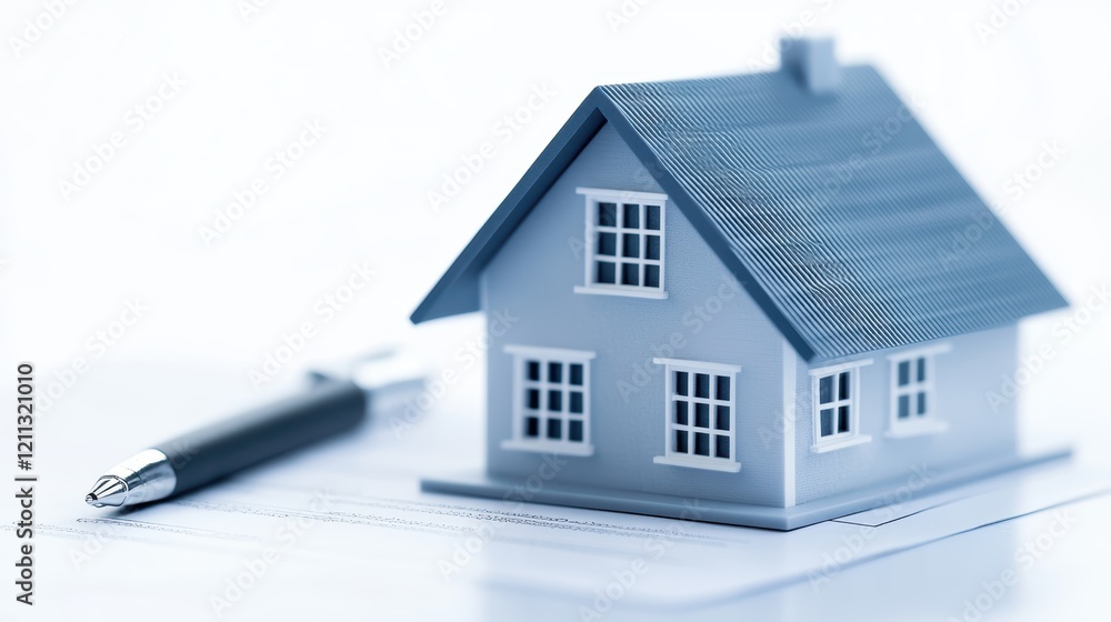 Real estate concept, miniature house model and pen symbolizing property investment mortgage Real estate concept, miniature house model and pen symbolizing property investment mortgage