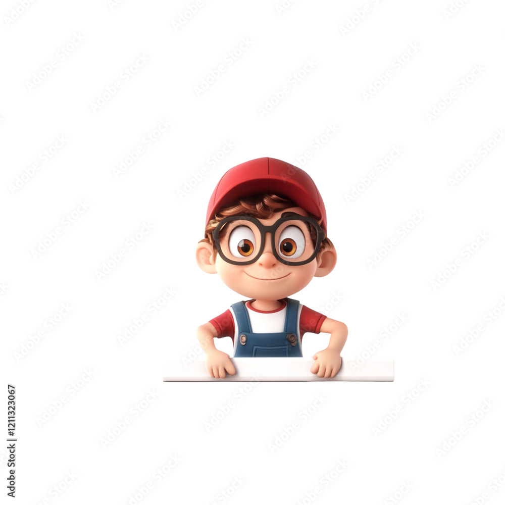 Animated boy with glasses and red cap, smiling happily Animated boy with glasses and red cap, smiling happily