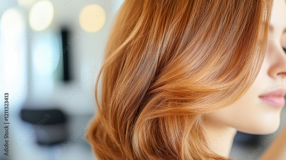 A woman with long, flowing red hair contemplates her reflection in the mirror