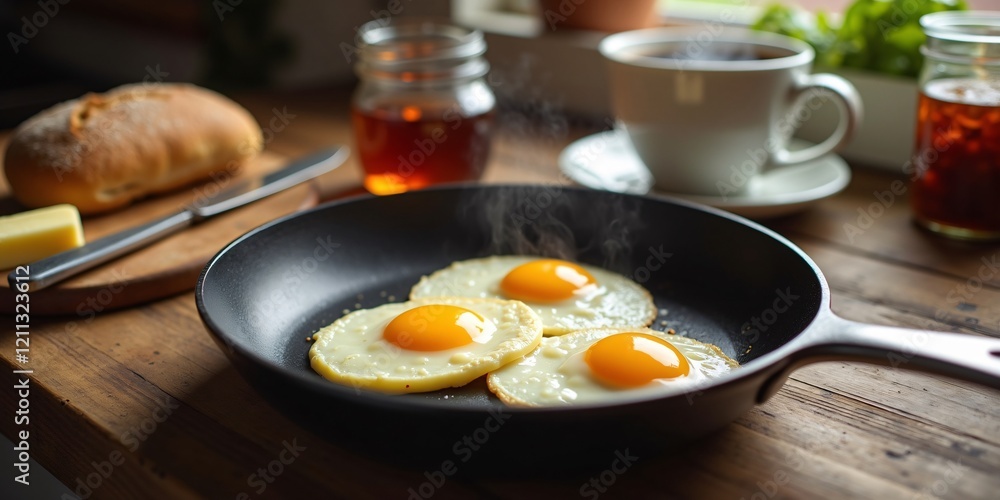 Rustic Kitchen Breakfast Scene with Sunny-Side-Up Eggs, Homemade Jam, and Fresh Coffee Rustic Kitchen Breakfast Scene with Sunny-Side-Up Eggs, Homemade Jam, and Fresh Coffee