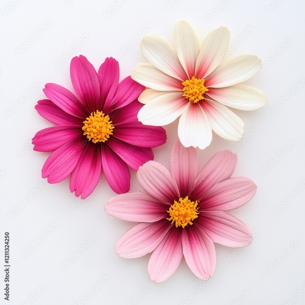 Three cosmos flowers, white background, flat lay, floral design Three cosmos flowers, white background, flat lay, floral design