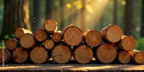 Golden Hour Lumber Pile in a Forest Setting