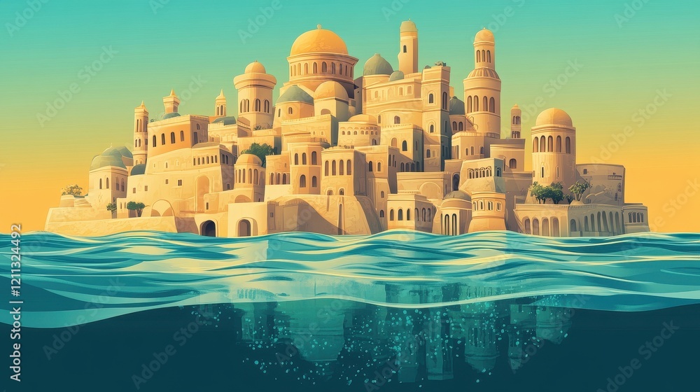 Naklejka premium Coastal City Island With Domes and Towers