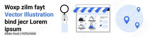 Magnifying glass emphasizing digital marketplace interface, users portrayed with icons, global map highlighting locations. Ideal for e-commerce, data analysis, global business, UIUX design, digital