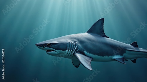 Wallpaper Mural A Majestic Great White Shark Gracefully Navigating the Deep Ocean Depths, Illuminated by Sunbeams Piercing Through the Water Column Torontodigital.ca